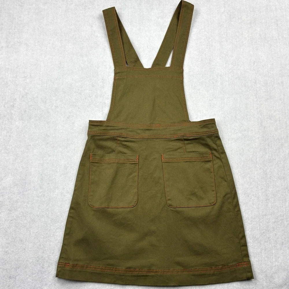 ModCloth Overall Jumper Mini Dress Olive Green Orange Stitch Pinafore Womens 4